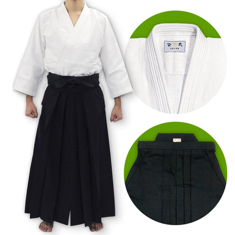 Single Layered Gi + #11000 Traditional Black Cotton Aikido Hakama Set